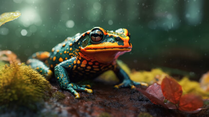 A frog is sitting on a leafy surface. The frog is green and brown in color. The frog has a yellow spot on its face - Powered by Adobe