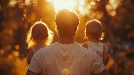 A man with two children in his arms in the sunset rays, Father's Day