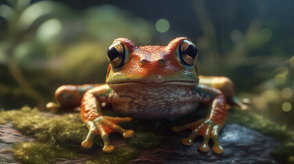 A frog is sitting on a leafy surface. The frog is green and brown in color. The frog has a yellow...