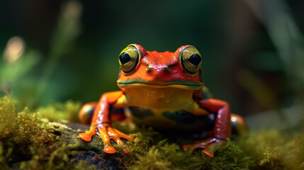 A frog is sitting on a leafy surface. The frog is green and brown in color. The frog has a yellow spot on its face