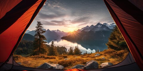View from tent to beautiful mountain landscape with lake and the dawn sun -, concept of serene nature