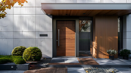 Modern entrance door with wood effect, Wall covering. Generative AI