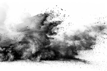 Black chalk pieces and powder flying, explosion effect isolated - obrazy, fototapety, plakaty