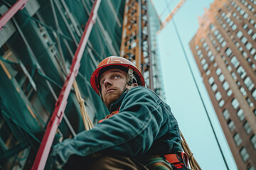 Construction worker on scaffolding working on tall building under clear blue sky