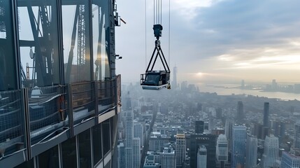 Aerial Observation of Autonomous Crane Atop Soaring Skyscraper Amid Expansive City Skyline - obrazy, fototapety, plakaty