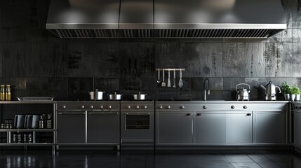 High-resolution view of an industrial kitchen with shiny stainless steel details against stark matte black walls, emphasizing a bold and professional look