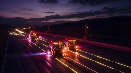 Obraz premium Nighttime Construction of Autonomous Highway Infrastructure with Illuminated Equipment
