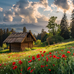 Cute log cabin in the mountains, green grass and wild flowers