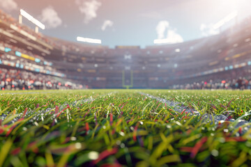 American football arena, grass field and blurred fans at playground view.