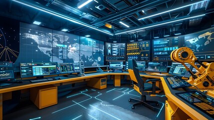 Futuristic High-Tech Control Room Monitoring Autonomous Construction Machinery via Advanced Screens and Interfaces