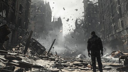 Sole survivor standing amidst the wreckage of a destroyed city