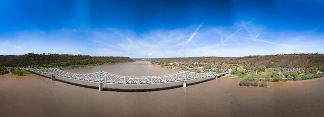 Aerial panorama of the bridge over Ohio river connecting Madison, Indiana with Milton, Kentucky