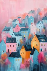 Painting of houses in the city, muted pastel tones, soft and delicate