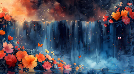Floral Nebula: Butterflies Frolic in Cosmic Waterfalls of Radiant Energy