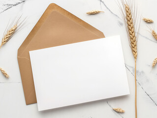 Mise en scène simple d'un carton d'invitation vierge blanc sur fond blanc-gris, mockup élégant décoré par des brins de blé pour une touche estivale - obrazy, fototapety, plakaty