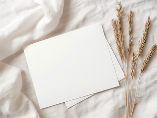 Mockup, illustration lumineuse d'un carton d'invitation blanc sur toile de lin-coton, ornée de brins de blé qui évoquent la douceur et la chaleur de l'été - obrazy, fototapety, plakaty