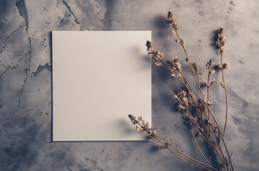 Mockup de présentation poétique d'un carton d'invitation vierge, effet rétro vintage romantique avec des fleurs séchées, tons violets et gris