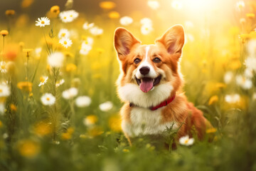 A dog is sitting in a field of yellow flowers. The dog is brown and white and has a black collar