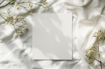 Mockup élégant d'un carton d'invitation vierge, idéal pour les mariages et anniversaire, fleurs blanches romantique sur toile de coton-lin avec ombrages