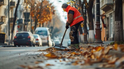 Street cleaner sweeping debris into a dustpan for disposal