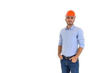 Portrait of young construction engineer wear orange hardhat, standing on white background with copy space.