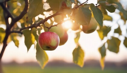 Sun-kissed apple hanging on branch at sunset