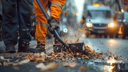 Street cleaner sweeping debris into a dustpan for disposal