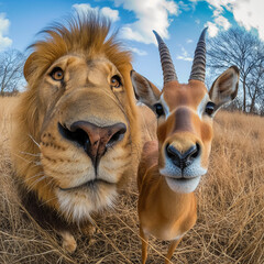 Wildlife Wonders: Close-Up of Lion and Antelope in Unlikely Proximity - obrazy, fototapety, plakaty