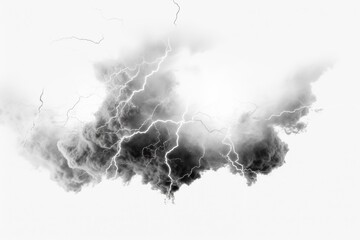raw power of nature as a black and white lightning bolt streaks across a stormy, cloudy blue night sky, isolated against a white background.