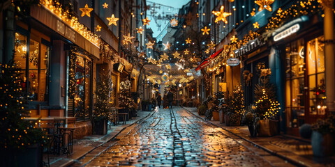 Festive Christmas decorations lining a cobblestone street at night with twinkling lights and...
