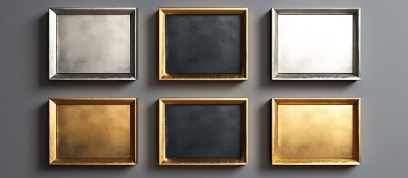 Four frames in gold and silver on gray wall