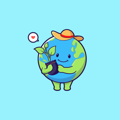 Cute gardening earth globe cartoon with tiny plants. World mascot icon concept. Flat style cartoon logo mascot illustration.
