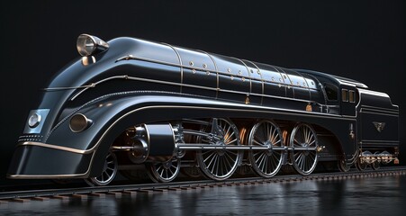 Classic Art Deco locomotive design featuring elegant decorative elements and streamlined form. 3D Render. - obrazy, fototapety, plakaty