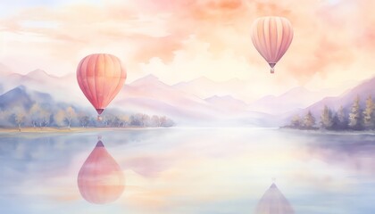 Obraz premium Dreamy watercolor painting of a hot air balloon floating gently over a misty lake, with soft pastel colors blending into the sky and water, creating a serene atmosphere