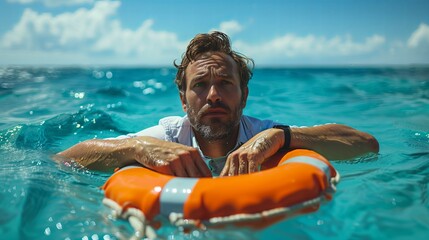 Pensive man in a light shirt wearing a lifebuoy in the open ocean - obrazy, fototapety, plakaty