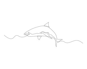 Obraz premium Continuous line drawing of shark. One line of swimming shark. Marine animal concept continuous line art. Editable outline.