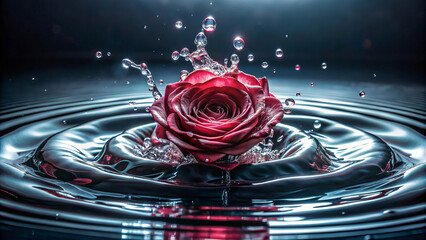 Bright red roses float on the dark,rippling water surface,and water droplets scatter in all directions.The scene is captured with great clarity,highlighting the dynamic movement of the water.AI genera