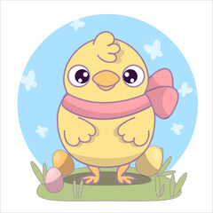 Cute character Easter chicken with eggs, modern flat vector illustration