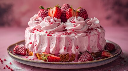   A tight shot of a cake on a plate, adorned with strawberries atop its peak The remainder of the cake lies beneath