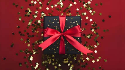 Festive Black Friday surprise! Top view black gift box, adorned with vibrant red ribbon, surrounded by golden star-shaped confetti, set against rich marsala backdrop. Ideal for your Black Friday ,Over - obrazy, fototapety, plakaty
