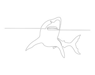 Continuous line drawing of shark. One line of swimming shark. Marine animal concept continuous line art. Editable outline.