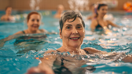 Active mature women enjoying aqua gym class in a pool health lifestyle concept