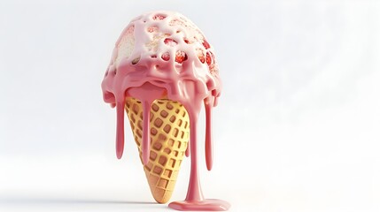 3D Dripping Strawberry and Vanilla Ice Cream Cone on White Background Representing Summertime Sweetness