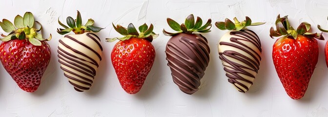 Fresh strawberries dipped in dark and white chocolate on white surface