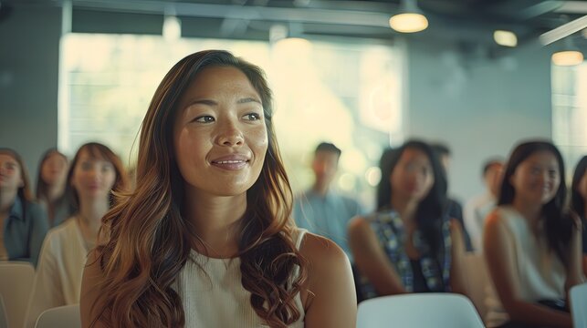 Smiling Asian woman attending a seminar with audience in background