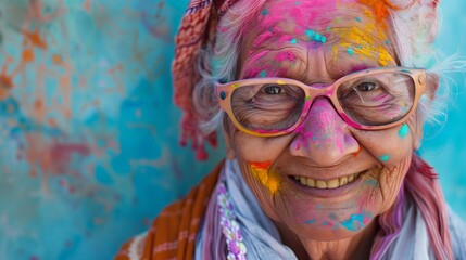 An elderly cheerful woman tourist in glasses is at the Holi festival