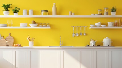 Radiant kitchen with vibrant yellow walls and crisp white shelves, close-up in high resolution showcases the cheerful and clean design