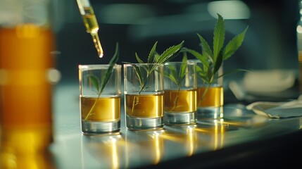 Cannabis laboratory, Medical CBD oils from marijuana plant, alternative herbal medicine concept, banner