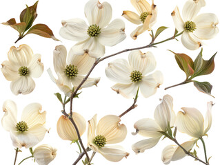 Set of branches of blooming dogwood flowers, creamy and elegant