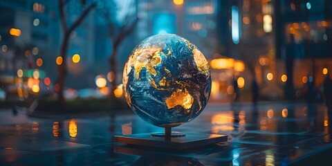 Illuminated Digital Globe Showcasing Environmental Data and Climate Metrics on Public Display